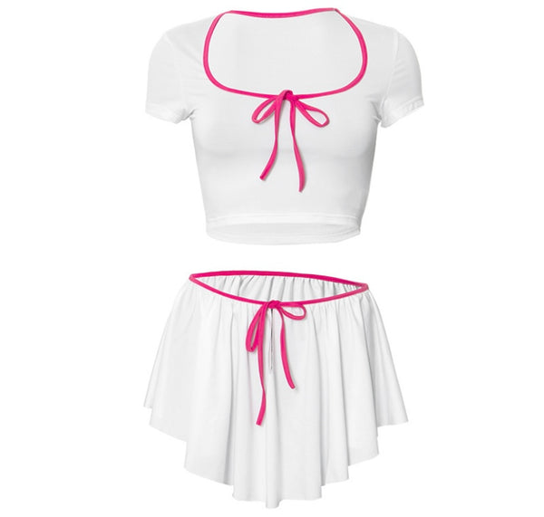 Women Sexy Short Sleeve Crop Tie Up Bow Two Piece Skirt Set