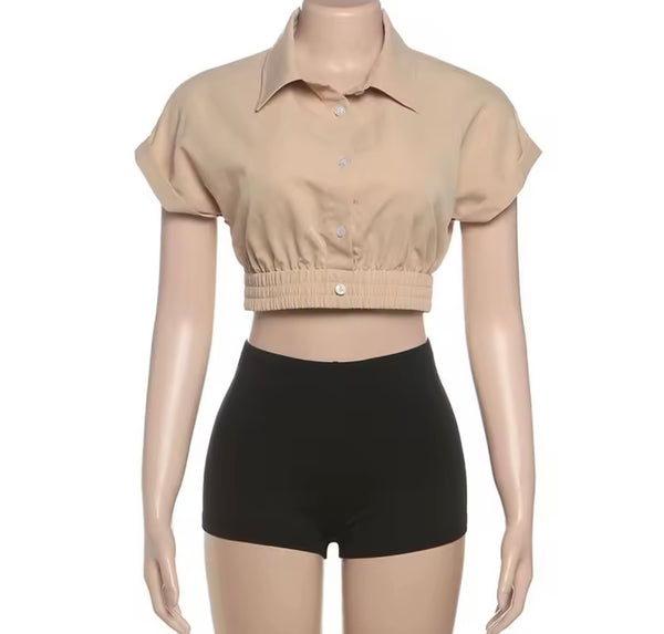 Women Fashion Button Up Short Sleeve Color Patchwork Two Piece Short Set
