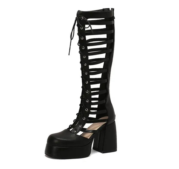 Women Fashion Cut Out Lace Up Knee High Boots