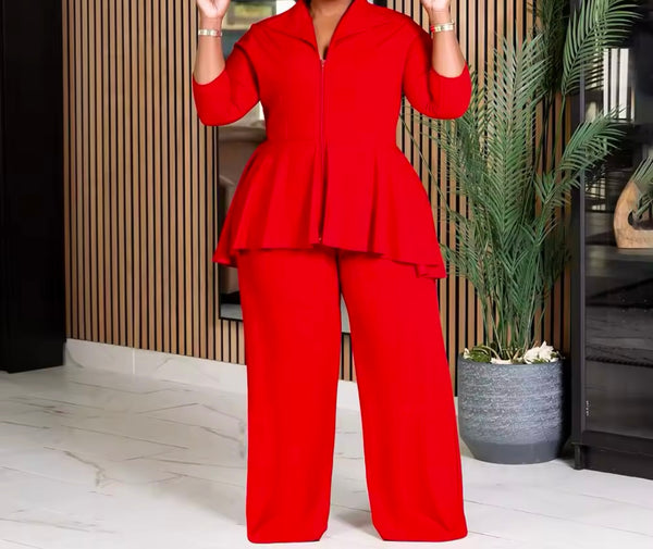 Women Color Ruffled Zip Up Full Sleeve Two Piece Plus Size Pant Set