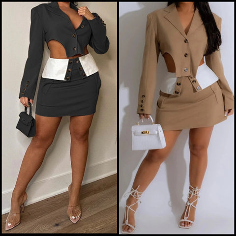 Women Sexy Fashion Full Sleeve Crop Blazer Two Piece Skirt Set