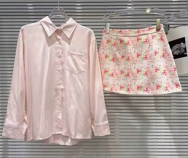 Women Pink Button Up Full Sleeve Two Piece Floral Skirt Set