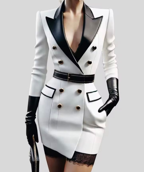Women Fashion Faux Leather B&W Button Pocket Dress