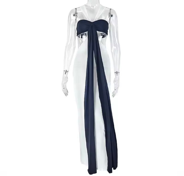 Women Sexy Halter Sleeveless B&W Bow Cut Out Maxi Dress