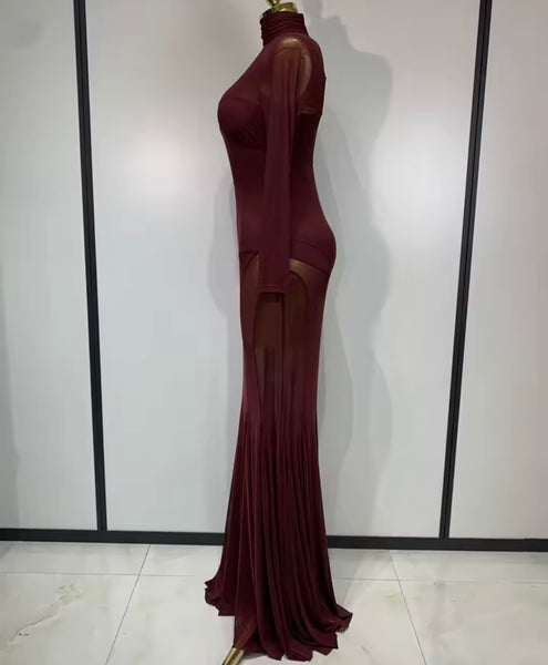 Women Sexy Burgundy Bodysuit Full Sleeve Mesh Maxi Dress