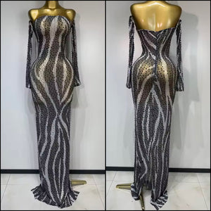 Women Sexy B&W Print Crystal Mesh Full Sleeve Maxi Dress
