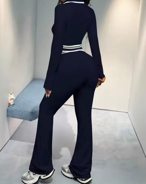 Women Fashion Striped Zip Up Tracksuit Two Piece Pant Set