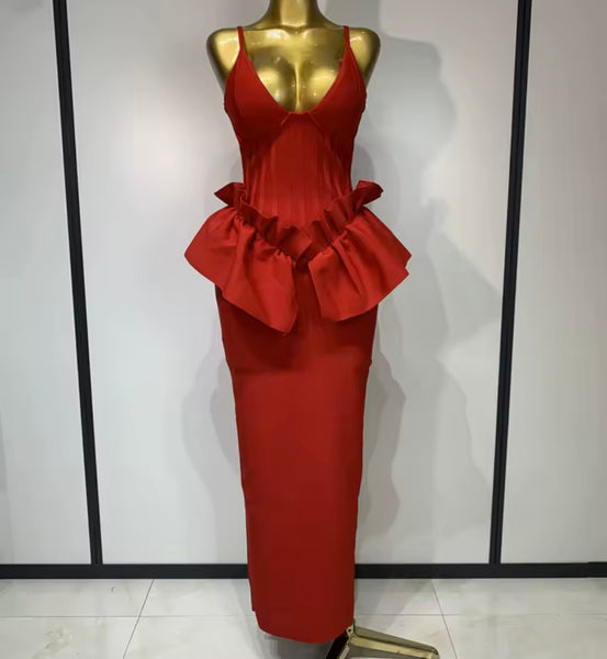Women Red Sexy Sleeveless Ruffled Maxi Dress