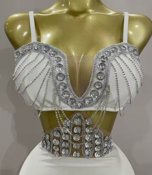 Women White Sleeveless Sexy Rhinestone Chain Cut Out Dress