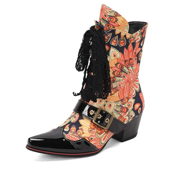 Women Fashion Printed Lace Up Ankle Western Boots