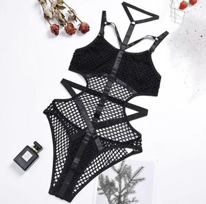 Women Sexy Sleeveless Netted Patchwork Bodysuit Lingerie