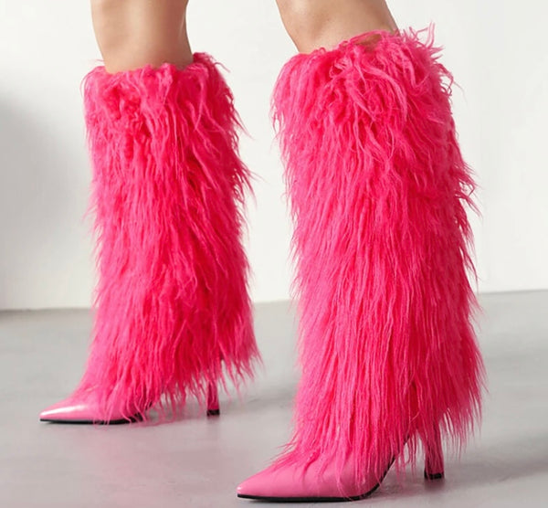 Women Color Fashion Faux Fur Knee High Boots