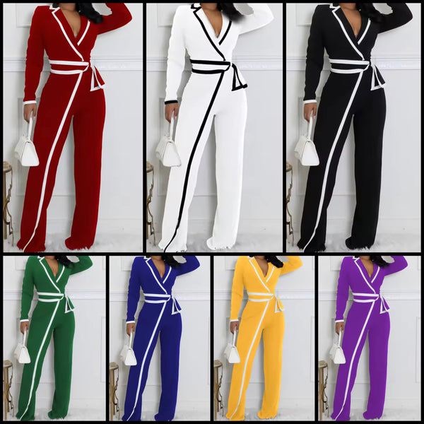 Women Fashion V-Neck Striped Full Sleeve Jumpsuit