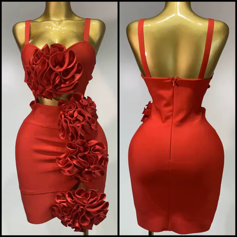 Women Red Sleeveless 3D Floral Cut Out Sexy Dress