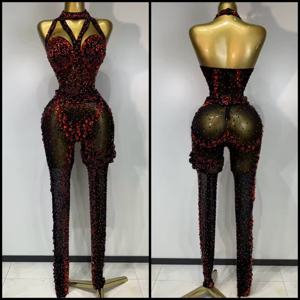 Women Black Sexy Sleeveless Red Rhinestone Mesh Jumpsuit