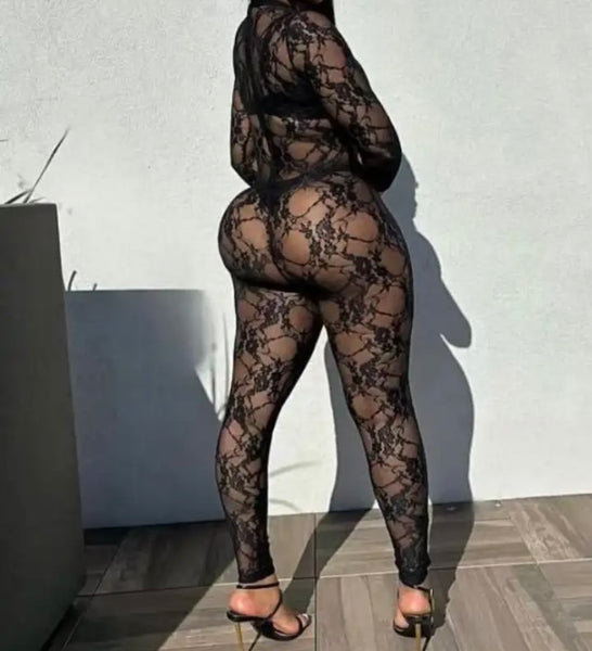 Women Black Lace Sexy Full Sleeve Jumpsuit