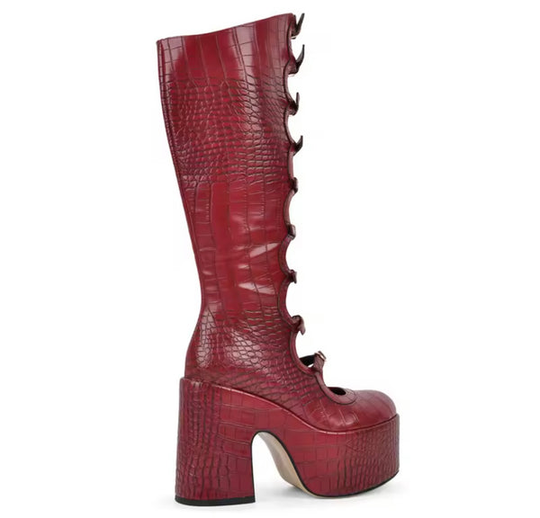 Women Round Toe Buckled Platform Knee High Boots