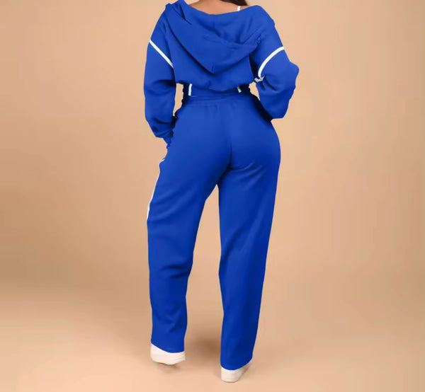 Women Fashion Striped Hooded Two Piece Tracksuit Pant Set