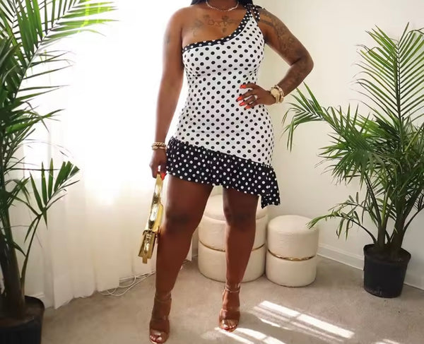 Women Sexy Tie Up One Shoulder Sleeveless Polka Dot Dress