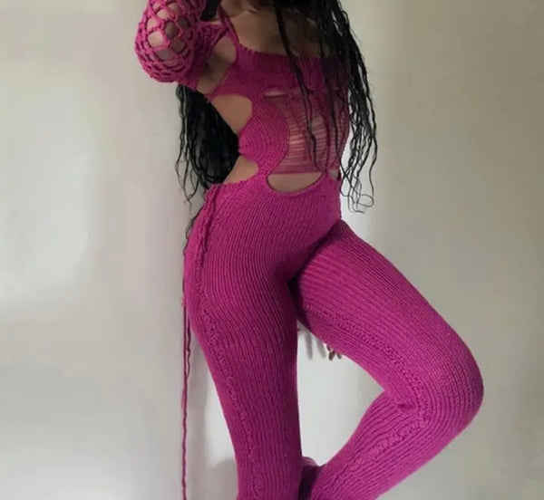 Women Sexy Knitted Full Sleeve Cut Out Fashion Jumpsuit