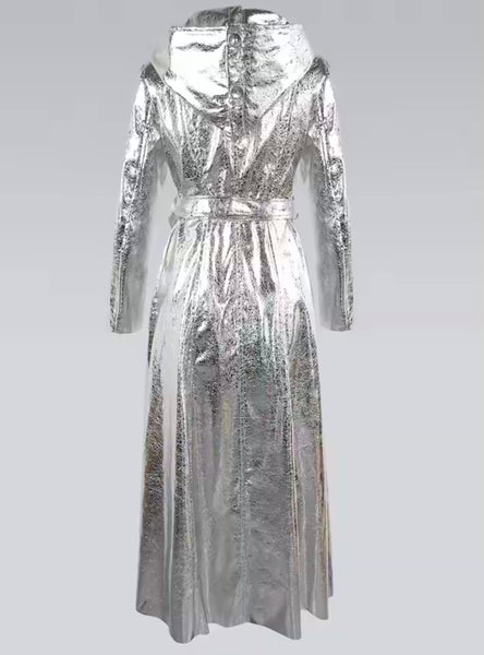 Women Metallic Hooded Fashion Trench Faux Leather Jacket