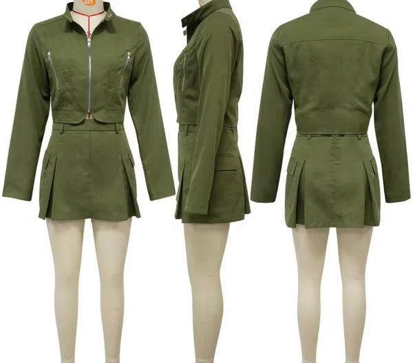 Women Zip Up Full Sleeve Fashion Two Piece Pleated Skirt Set