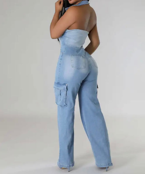 Women Sexy Fashion Button Up Halter Cargo Denim Jumpsuit