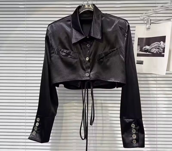 Women Fashion Collar Button Up Satin Full Sleeve Crop Top