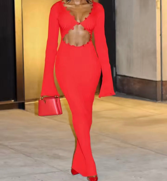 Women Red Cut Out Full Sleeve Sexy Maxi Dress