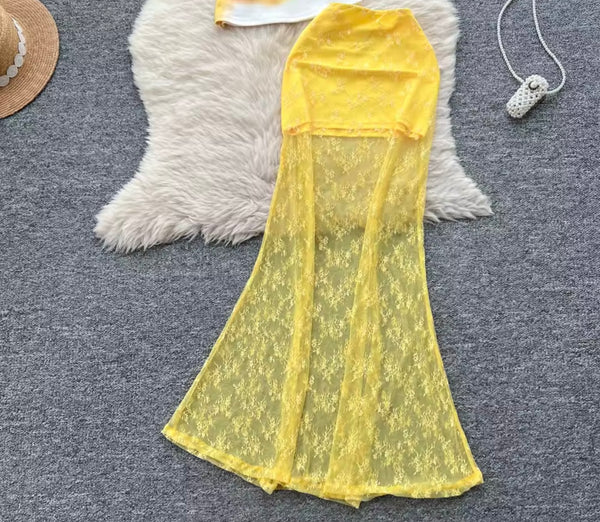 Women Sexy Printed Strapless Yellow Two Piece Lace Maxi Skirt Set