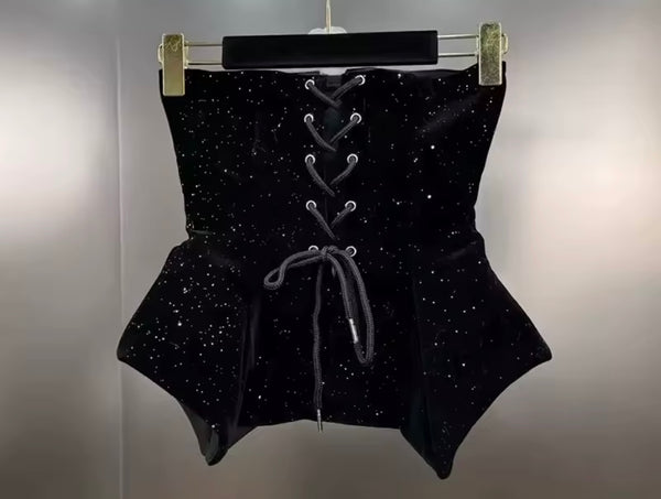 Women Sexy Strapless Sequins B&W Floral Two Piece Skirt Set