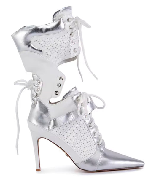 Women Pointed Toe Color Patchwork Lace Up Fashion Boots