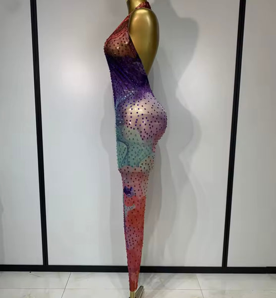 Women Multicolored Rhinestone Halter Sleeveless Mesh Jumpsuit