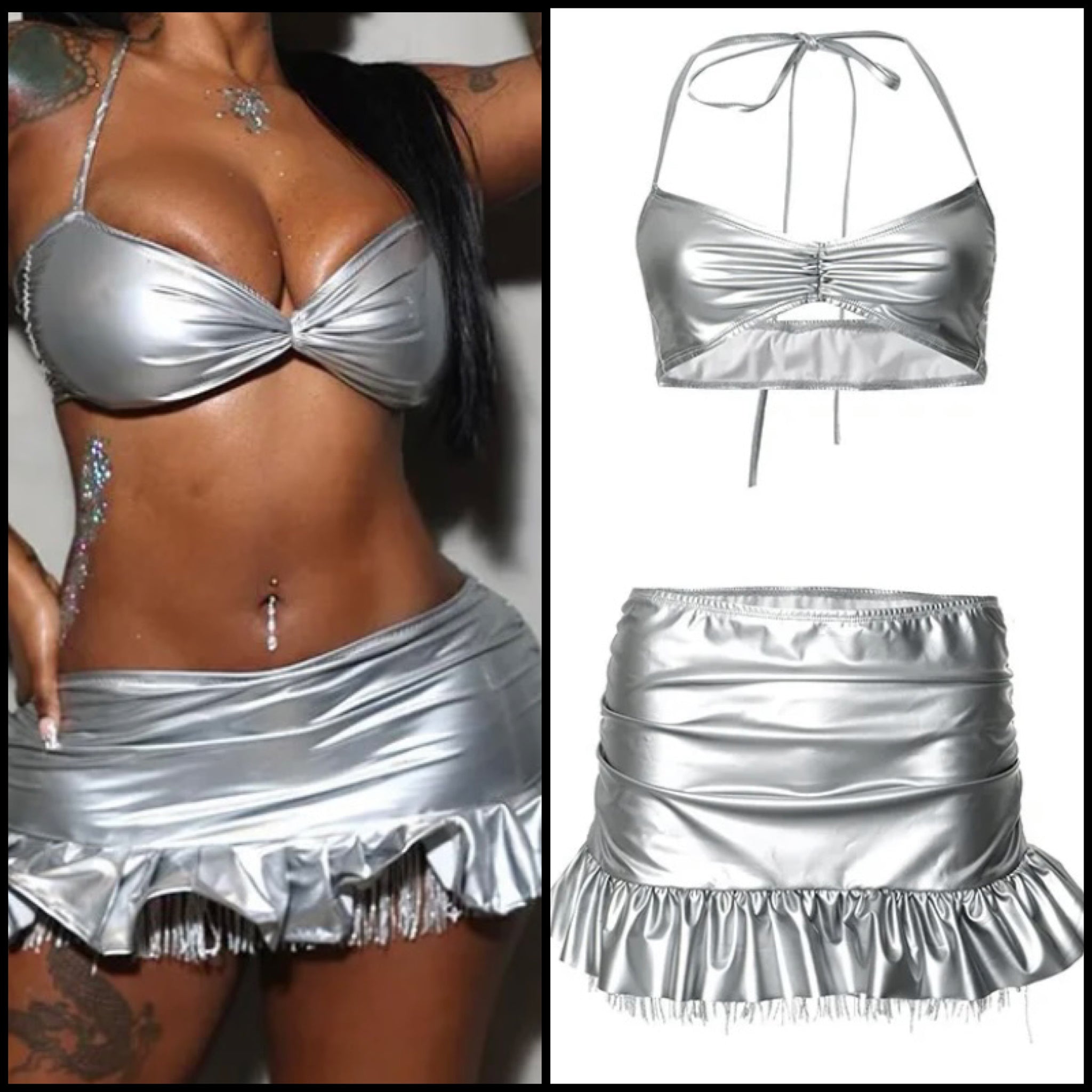 Women Sexy Silver Sleeveless PU Two Piece Ruffled Skirt Set