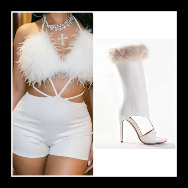 Women Sexy Feather Halter Open Back Sleeveless PU Romper