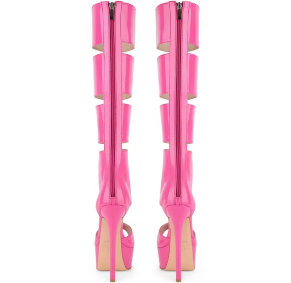 Women Fashion Color Open Toe Patent Leather Platform Knee High Sandals