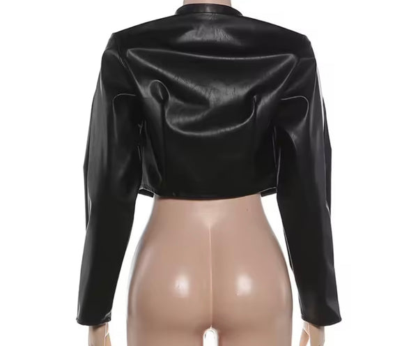 Women Fashion B&W Star Striped Faux Leather Crop Jacket