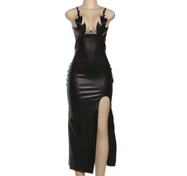 Women Black Sleeveless Faux Leather Split Sexy Maxi Dress