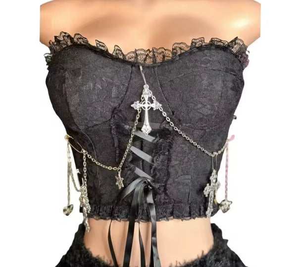 Women Sexy Strapless Cross Chain Lace Fringe Two Piece Skirt Set