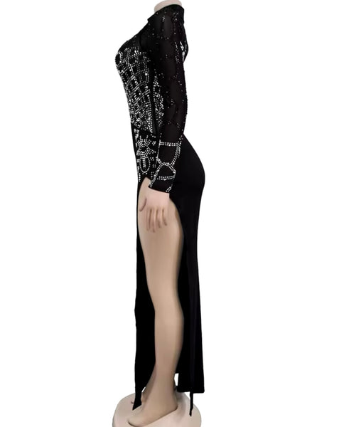 Women Sexy Full Sleeve Bling Side Split Maxi Dress