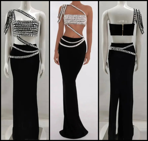 Women Sexy Sleeveless Rhinestone Two Piece Maxi Skirt Set