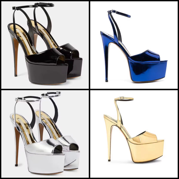 Women Fashion Patent Leather Open Toe Platform Ankle Strap High Heels