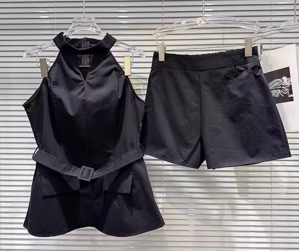 Women Belted Halter Sleeveless Two Piece Short Set