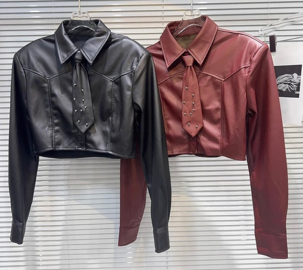 Women Fashion Bling Tie Full Sleeve Faux Leather Crop Top
