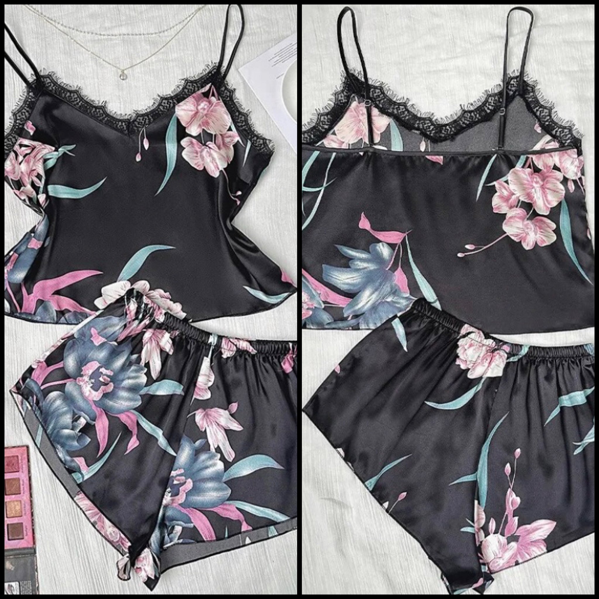 Women Black Floral Sexy Sleeveless Satin Lingerie Set