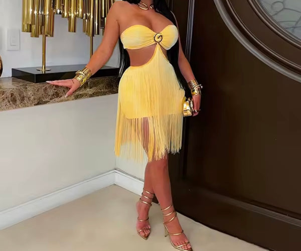 Sexy Strapless Open Back Cut Out Fringe Tassel Dress