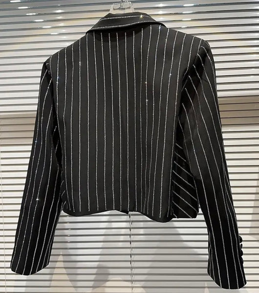 Women Rhinestone Striped Full Sleeve Blazer Two Piece Skirt Set