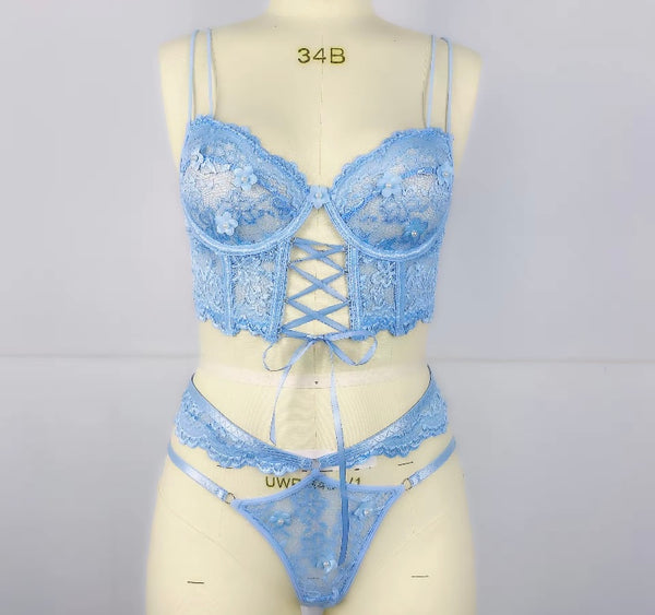 Women Sexy Bling Lace Tie Up Lingerie Set