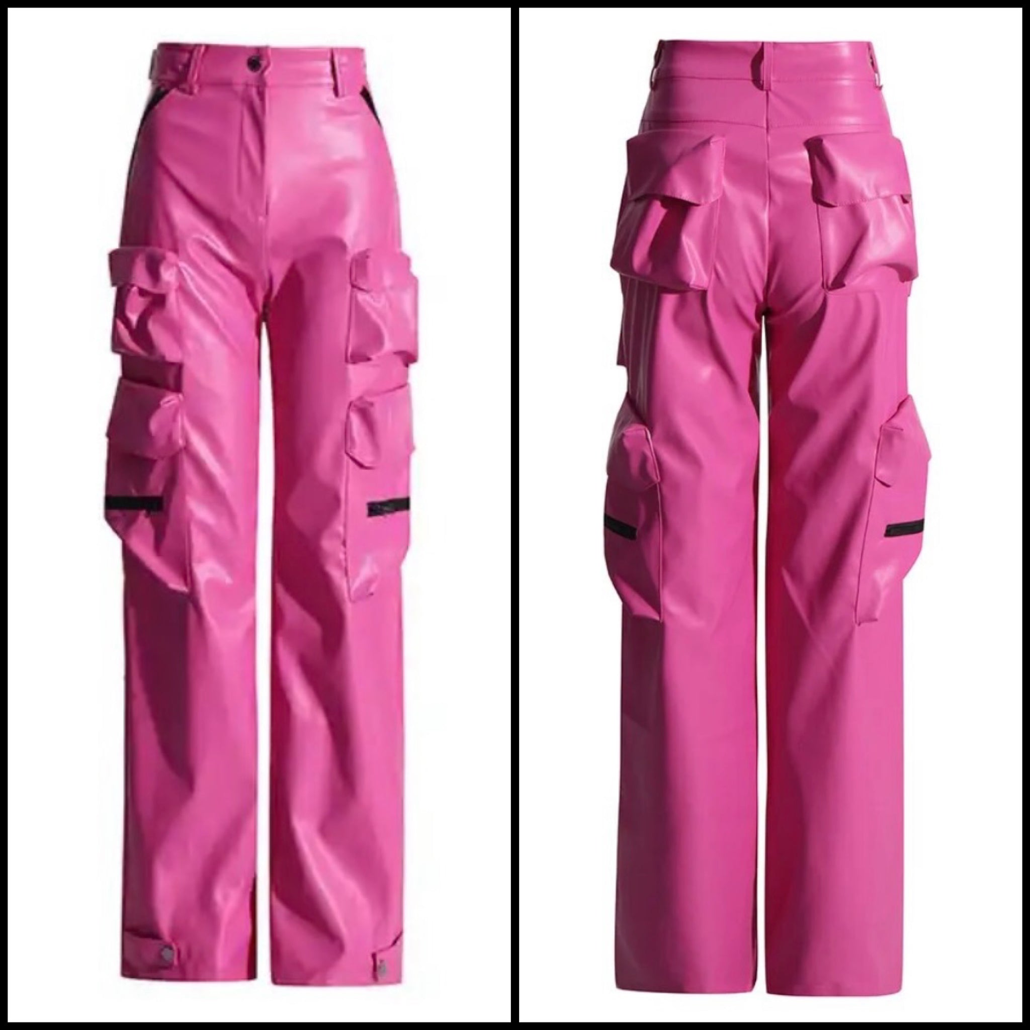 Women Pink Faux Leather Fashion Zipper Cargo Pants