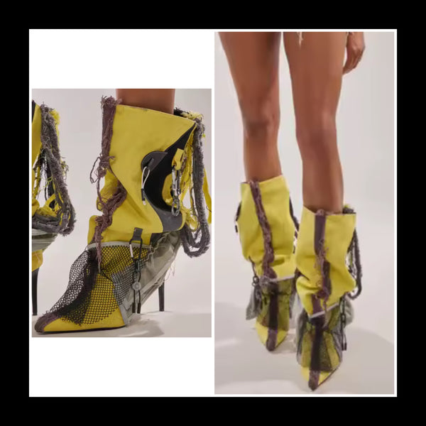 Women Yellow Color Patchwork Pointed Toe High Heel Ankle Boots